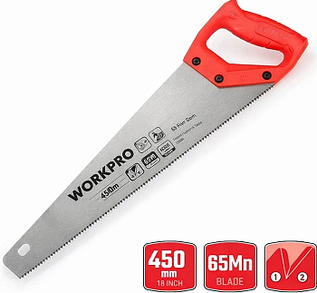 Ножовка по дереву 450мм 7TPI, 65Mn WORKPRO WP215002
